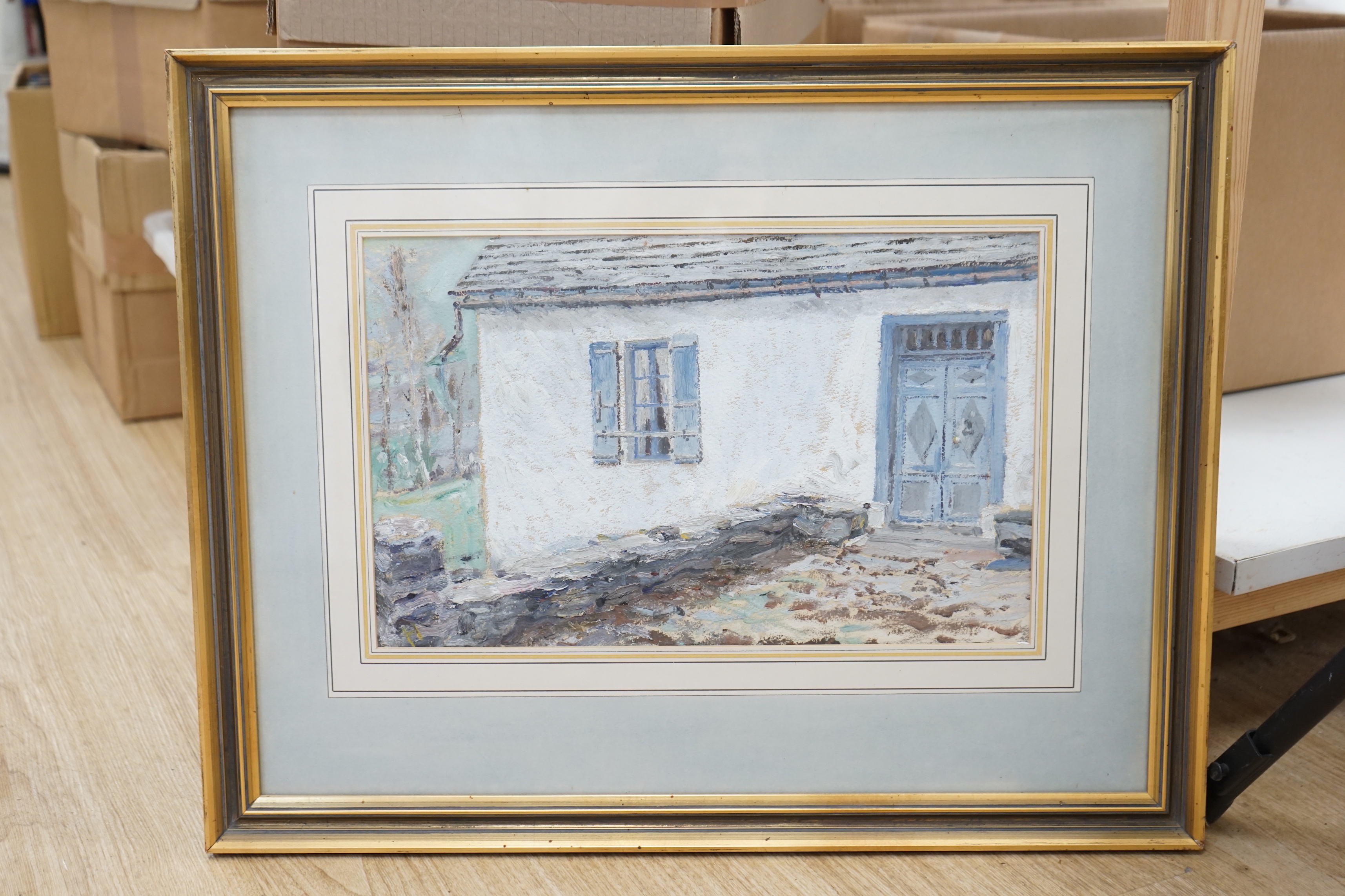 Early 20th century British School, Study of a cottage exterior, framed and glazed, initialled 'H' lower left, 26 x 43cm